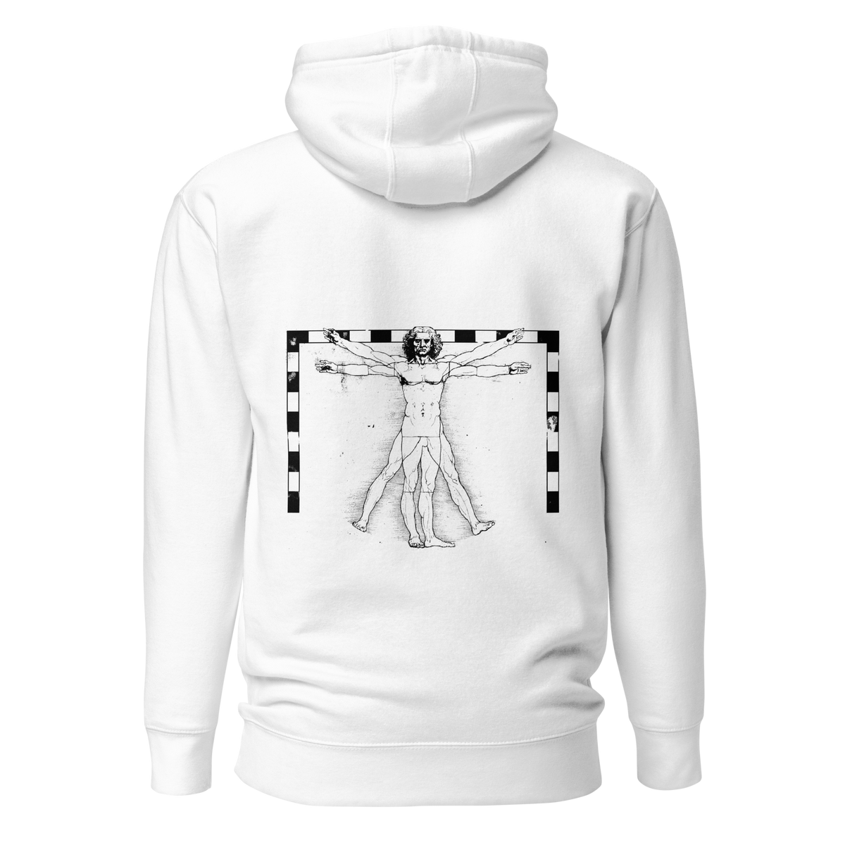 Hoodie Euphron « The Vitruvian Handball Goalkeeper », coloris blanc : L'Homme de Vitruve de Léonard de Vinci en gardien de handball – vue de dos