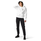 Hoodie Euphron « The Vitruvian Handball Goalkeeper », coloris blanc : L'Homme de Vitruve de Léonard de Vinci en gardien de handball – vue de face