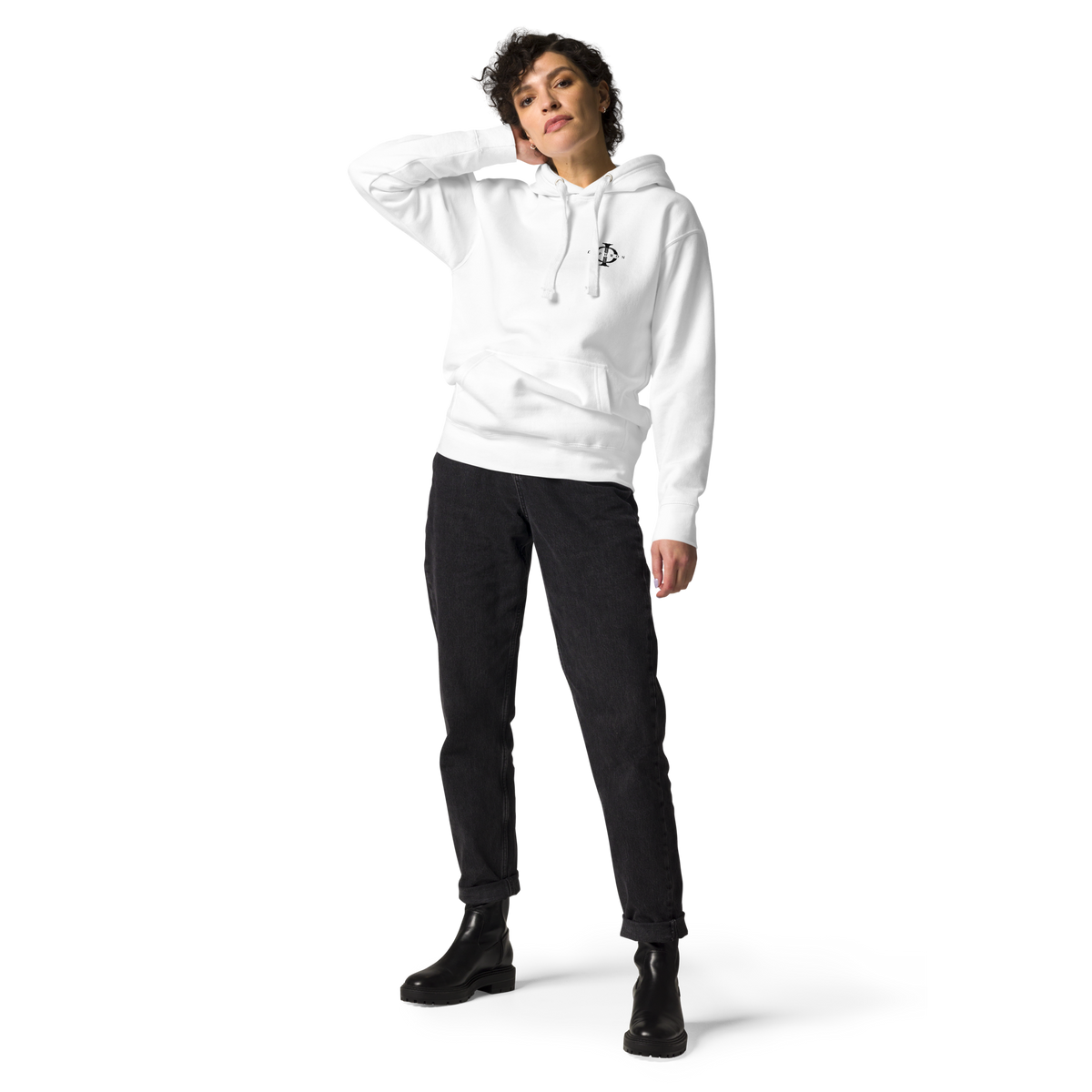 Hoodie Euphron « The Vitruvian Handball Goalkeeper », coloris blanc : L'Homme de Vitruve de Léonard de Vinci en gardien de handball – vue de face