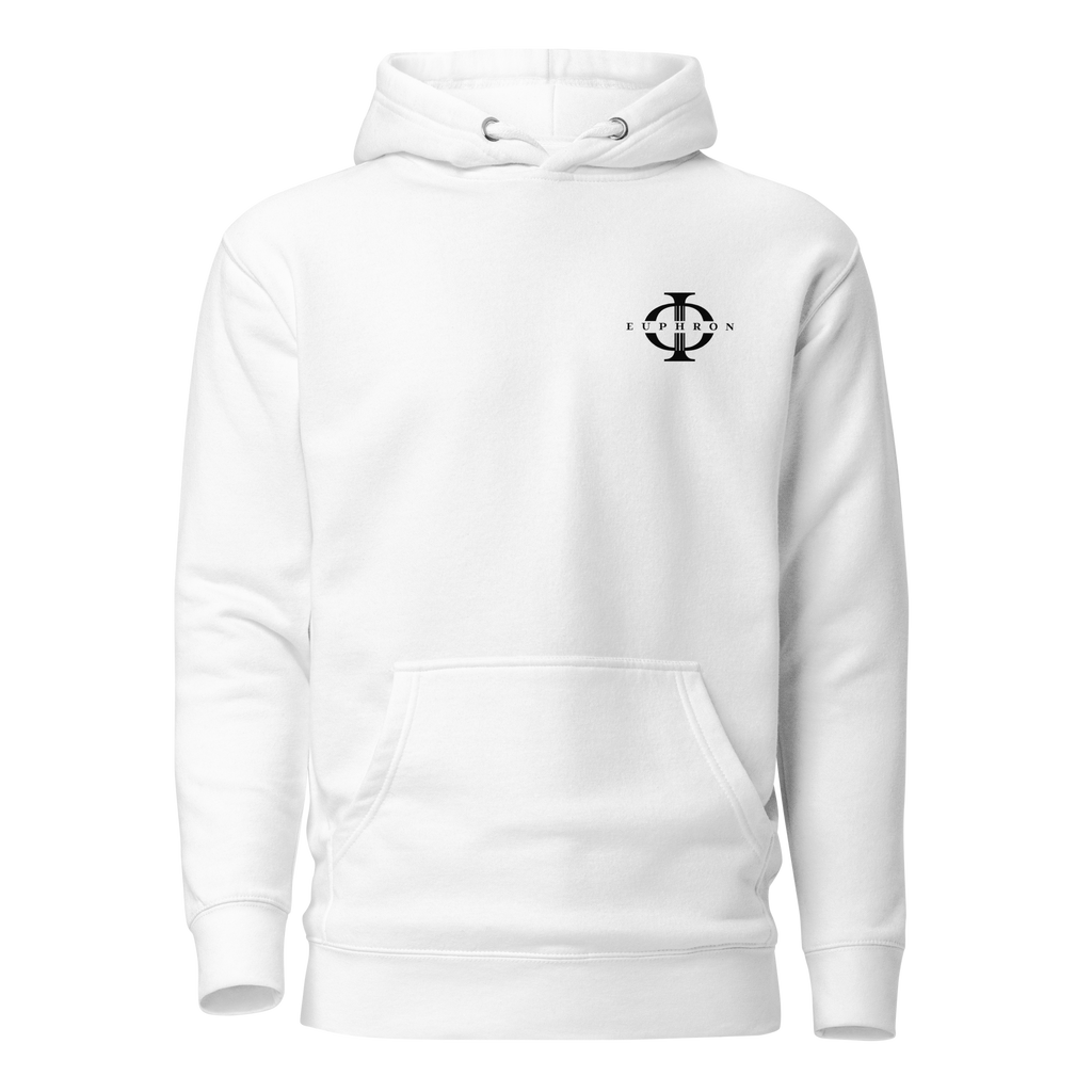 Hoodie Euphron « The Vitruvian Handball Goalkeeper », coloris blanc : L'Homme de Vitruve de Léonard de Vinci en gardien de handball – vue de face