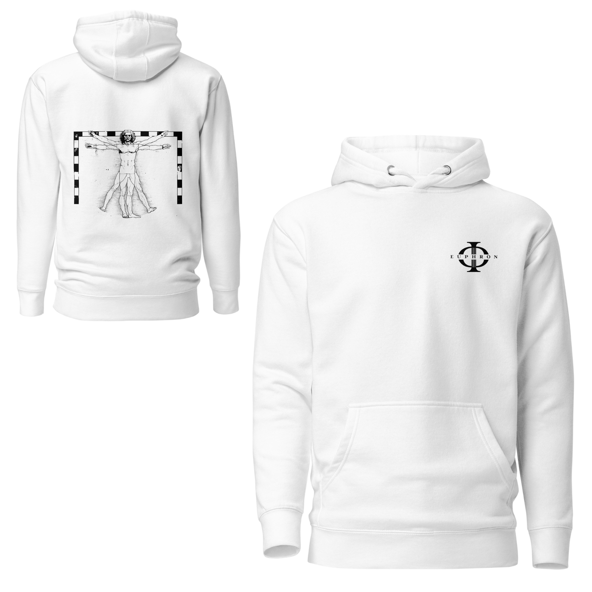 Hoodie Euphron « The Vitruvian Handball Goalkeeper », coloris blanc : L'Homme de Vitruve de Léonard de Vinci en gardien de handball