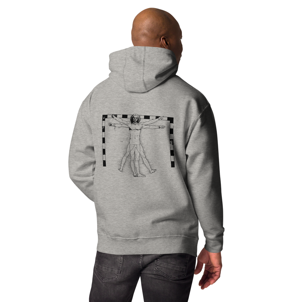 Hoodie Euphron « The Vitruvian Handball Goalkeeper », coloris gris : L'Homme de Vitruve de Léonard de Vinci en gardien de handball – vue de dos