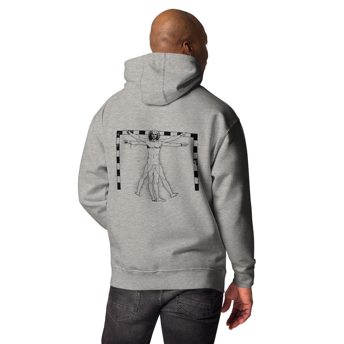 Hoodie Euphron « The Vitruvian Handball Goalkeeper », coloris gris : L'Homme de Vitruve de Léonard de Vinci en gardien de handball – vue de dos