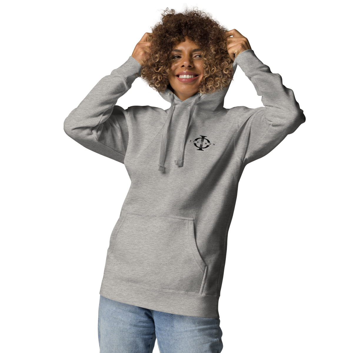 Hoodie Euphron « The Vitruvian Handball Goalkeeper », coloris gris : L'Homme de Vitruve de Léonard de Vinci en gardien de handball – vue de face