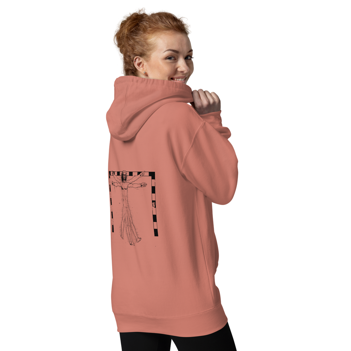 Hoodie Euphron « The Vitruvian Handball Goalkeeper », coloris rose : L'Homme de Vitruve de Léonard de Vinci en gardien de handball – vue de dos