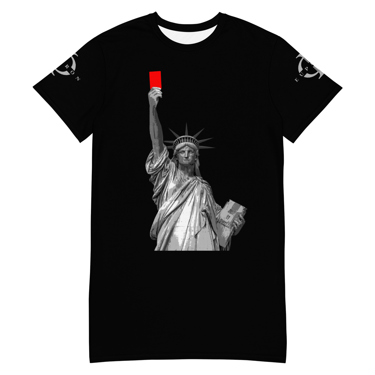 Robe T-shirt Euphron « Liberty's Red Card » : la statue de la Liberté brandit un carton rouge – vue de face