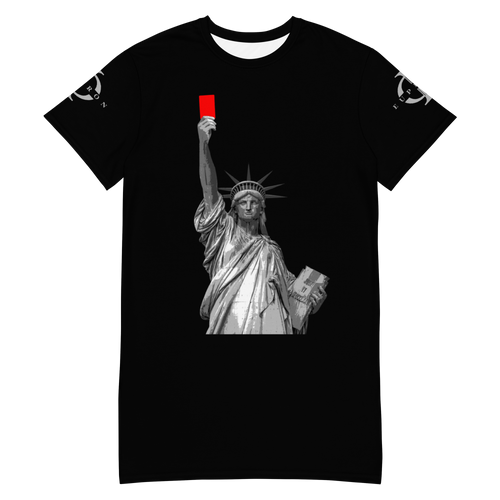 Euphron T-shirt dress “Liberty's Red Card”: the Statue of Liberty raises a red card – front view