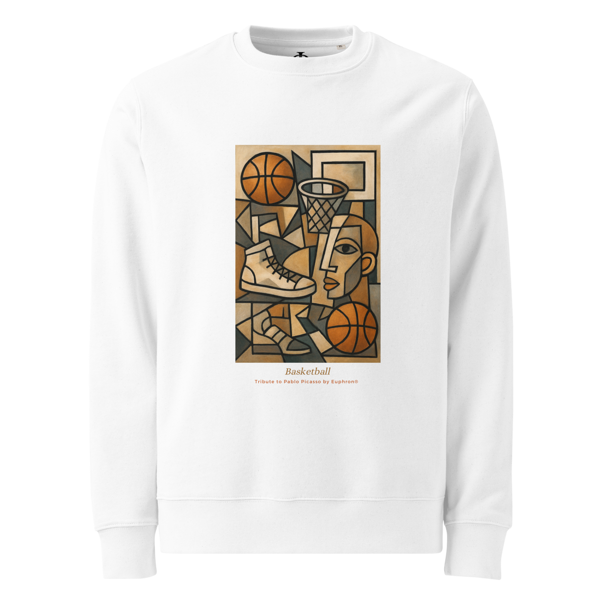Sweatshirt Euphron « Basketball, Picasso style », coloris blanc : le basketball revisité façon cubisme, en hommage à Picasso – vue de face