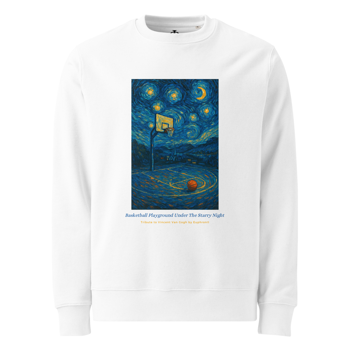 Sweatshirt Euphron « Basketball Playground Under The Starry Night », coloris blanc : un terrain de basket sous La Nuit étoilée de Van Gogh – vue de face