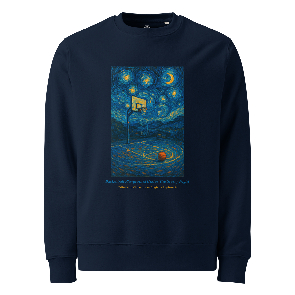 Sweatshirt Euphron « Basketball Playground Under The Starry Night », coloris bleu marine : un terrain de basket sous La Nuit étoilée de Van Gogh – vue de face
