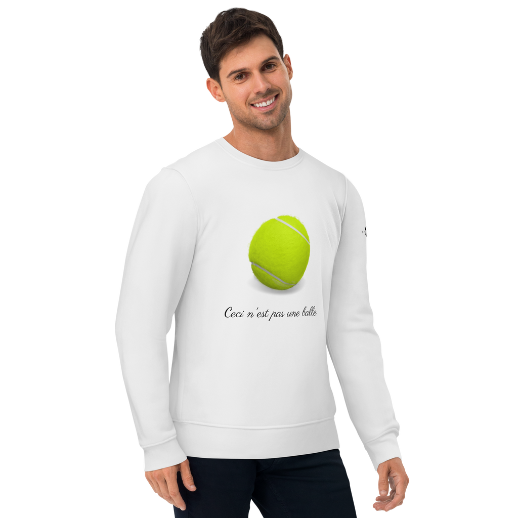 Sweatshirt Euphron « Ceci n'est pas une balle de tennis », coloris blanc : La Trahison des images de Magritte revisitée avec une balle de tennis