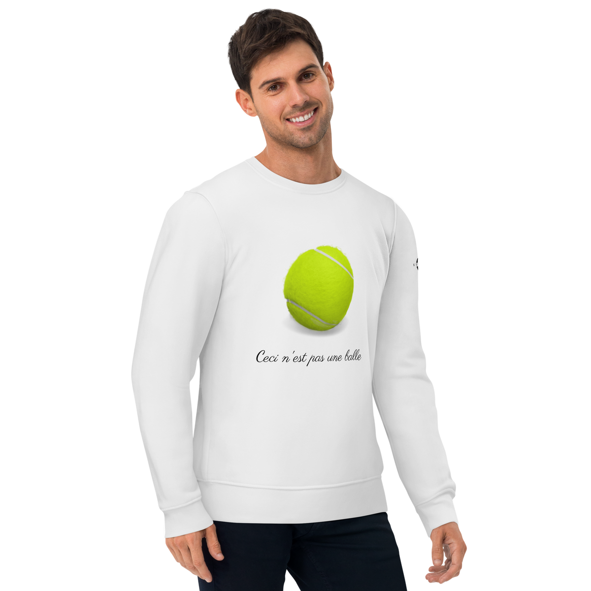 Sweatshirt Euphron « Ceci n'est pas une balle de tennis », coloris blanc : La Trahison des images de Magritte revisitée avec une balle de tennis