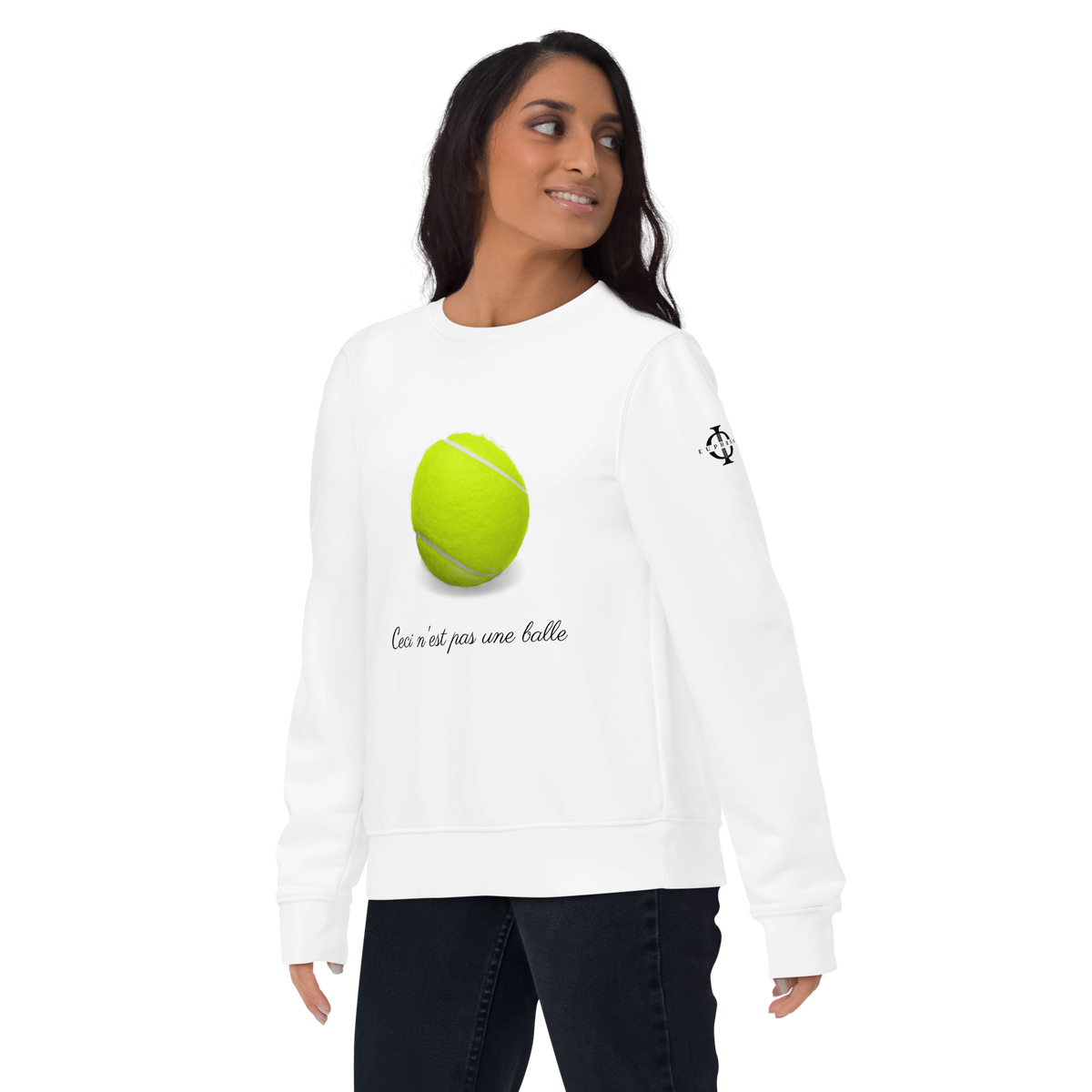 Sweatshirt Euphron « Ceci n'est pas une balle de tennis », coloris blanc : La Trahison des images de Magritte revisitée avec une balle de tennis