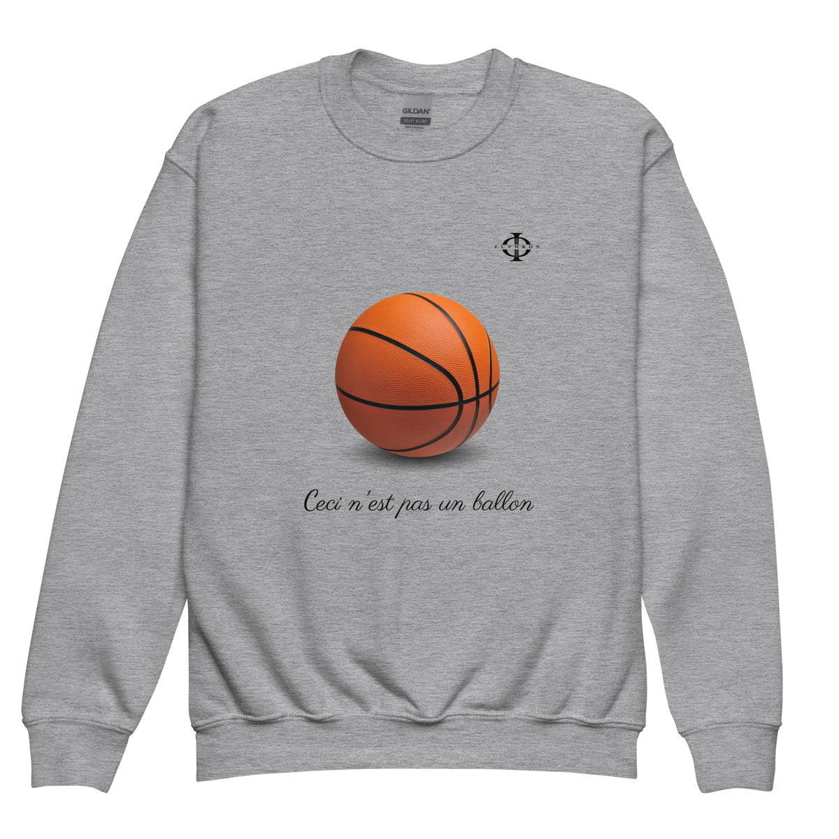 Sweatshirt enfant Euphron « Ceci n'est pas un ballon de basketball », coloris gris : La Trahison des images de Magritte revisitée avec un ballon de basket – vue de face