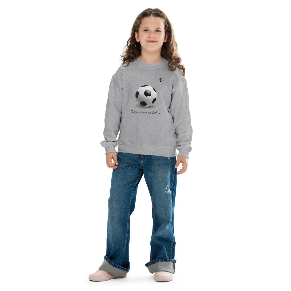 Sweatshirt enfant Euphron « Ceci n'est pas un ballon de football », coloris gris : La Trahison des images de Magritte revisitée avec un ballon de football – vue de face