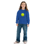 Sweatshirt enfant Euphron « Ceci n'est pas une balle de tennis », coloris bleu : La Trahison des images de Magritte revisitée avec une balle de tennis – vue de face