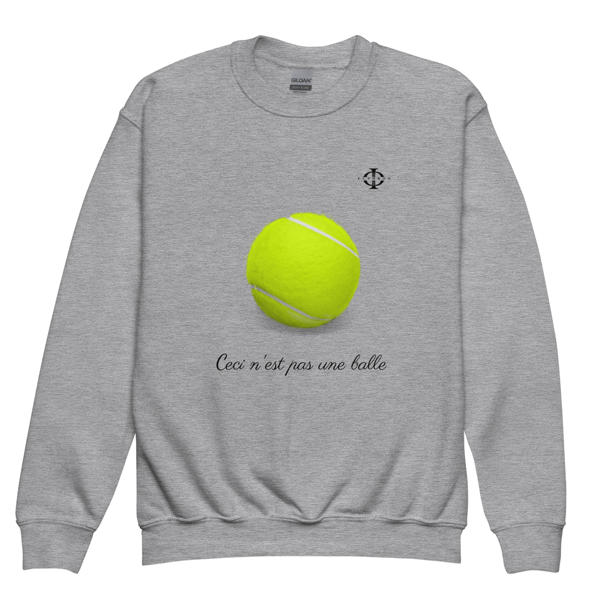 Sweatshirt enfant Euphron « Ceci n'est pas une balle de tennis », coloris gris : La Trahison des images de Magritte revisitée avec une balle de tennis – vue de face