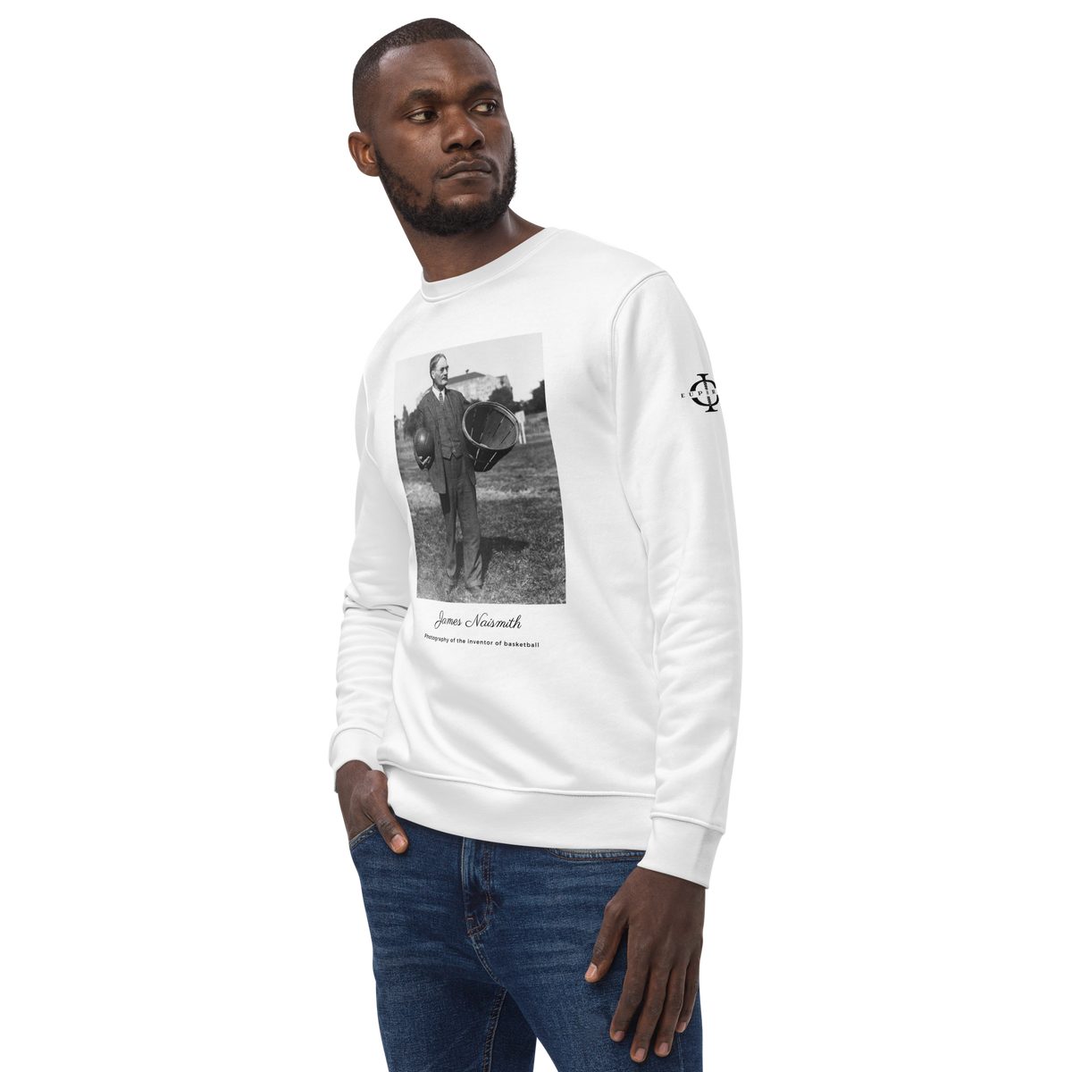Sweatshirt Euphron « James Naismith, inventor of basketball », coloris blanc : photographie de James Naismith, inventeur du basketball