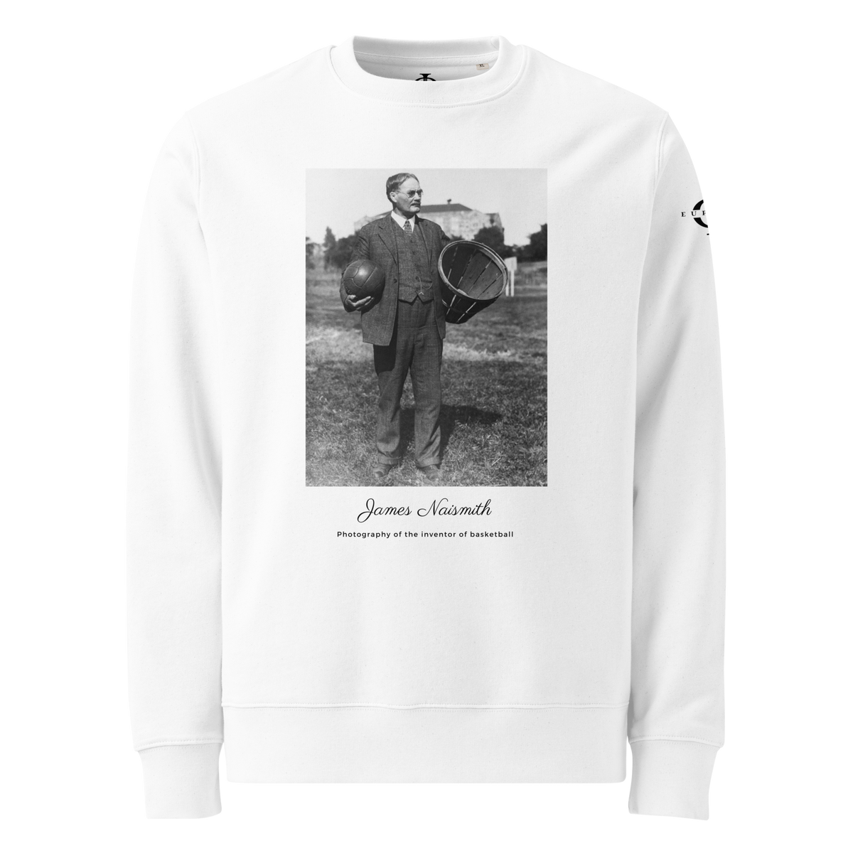 Sweatshirt Euphron « James Naismith, inventor of basketball », coloris blanc : photographie de James Naismith, inventeur du basketball