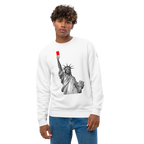 Sweatshirt Euphron « Liberty's Red Card », coloris blanc : la statue de la Liberté brandit un carton rouge