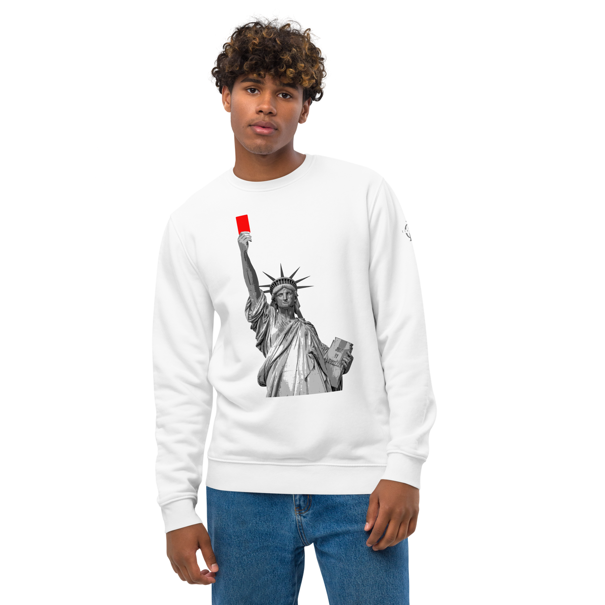 Sweatshirt Euphron « Liberty's Red Card », coloris blanc : la statue de la Liberté brandit un carton rouge