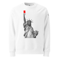 Sweatshirt Euphron « Liberty's Red Card », coloris blanc : la statue de la Liberté brandit un carton rouge