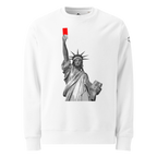 Sweatshirt Euphron « Liberty's Red Card », coloris blanc : la statue de la Liberté brandit un carton rouge