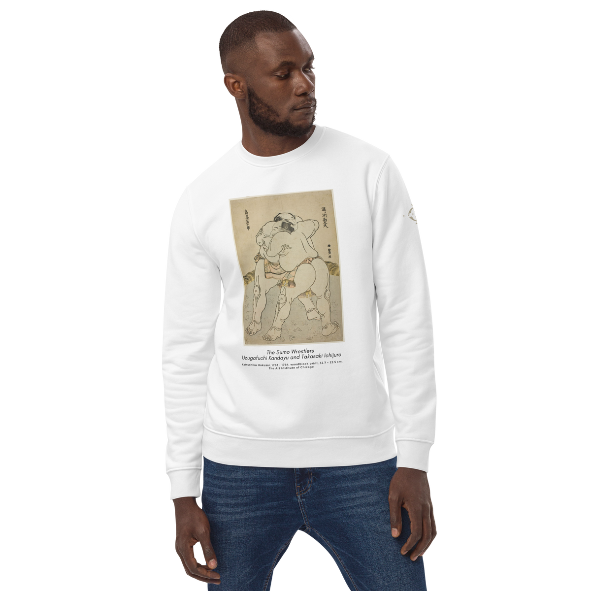 Sweatshirt Euphron « The sumo wrestlers Uzugafuchi Kandayu and Takasaki Ichijuro, Hokusai », coloris blanc : estampe de lutteurs de sumo par Hokusai