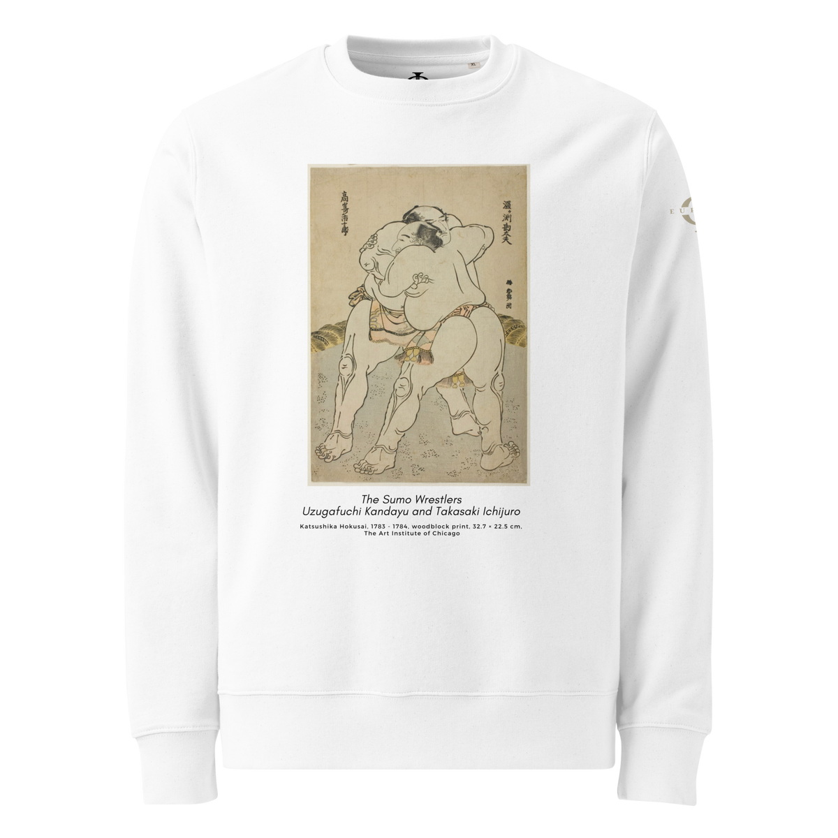 Sweatshirt Euphron « The sumo wrestlers Uzugafuchi Kandayu and Takasaki Ichijuro, Hokusai », coloris blanc : estampe de lutteurs de sumo par Hokusai