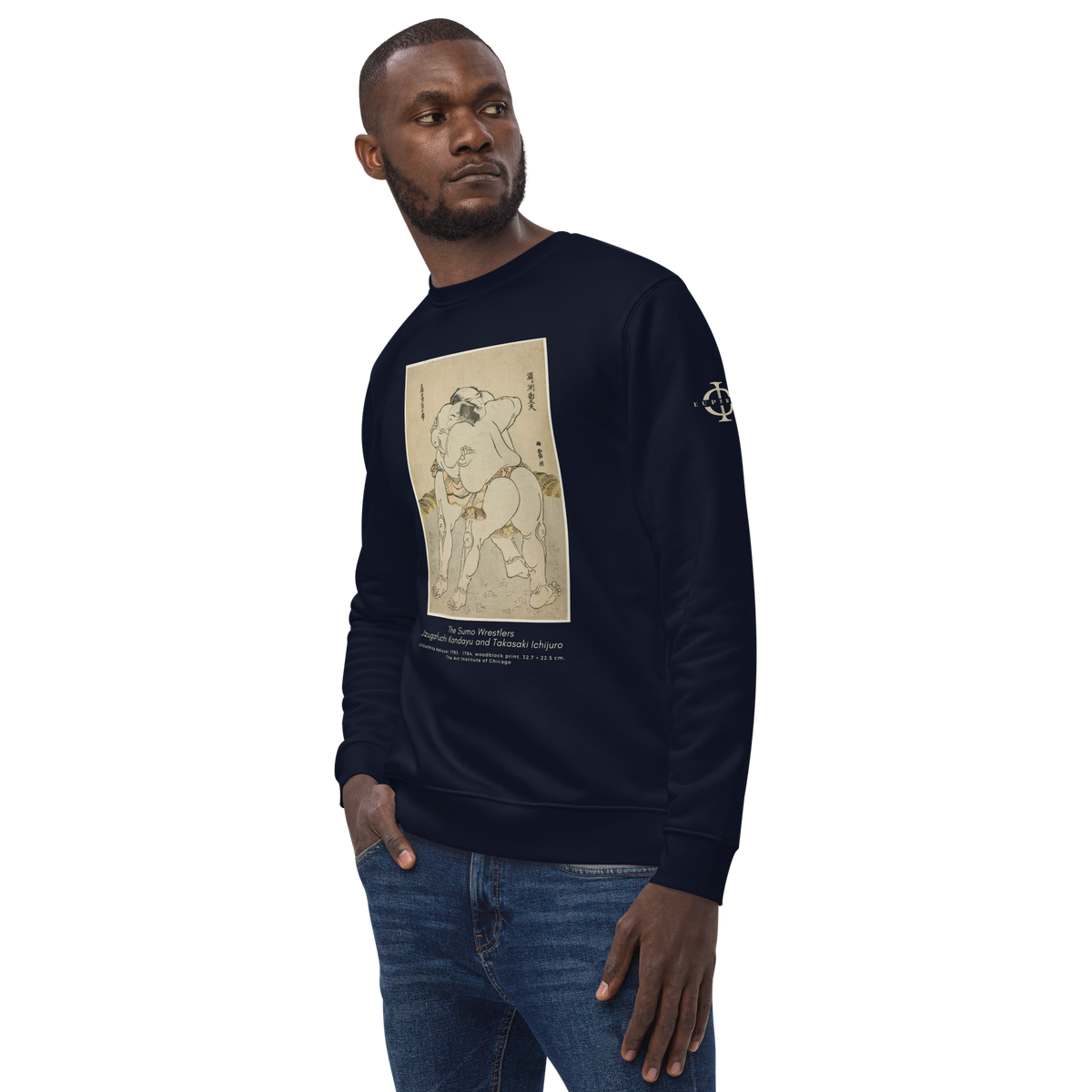 Sweatshirt Euphron « The sumo wrestlers Uzugafuchi Kandayu and Takasaki Ichijuro, Hokusai », coloris bleu marine : estampe de lutteurs de sumo par Hokusai