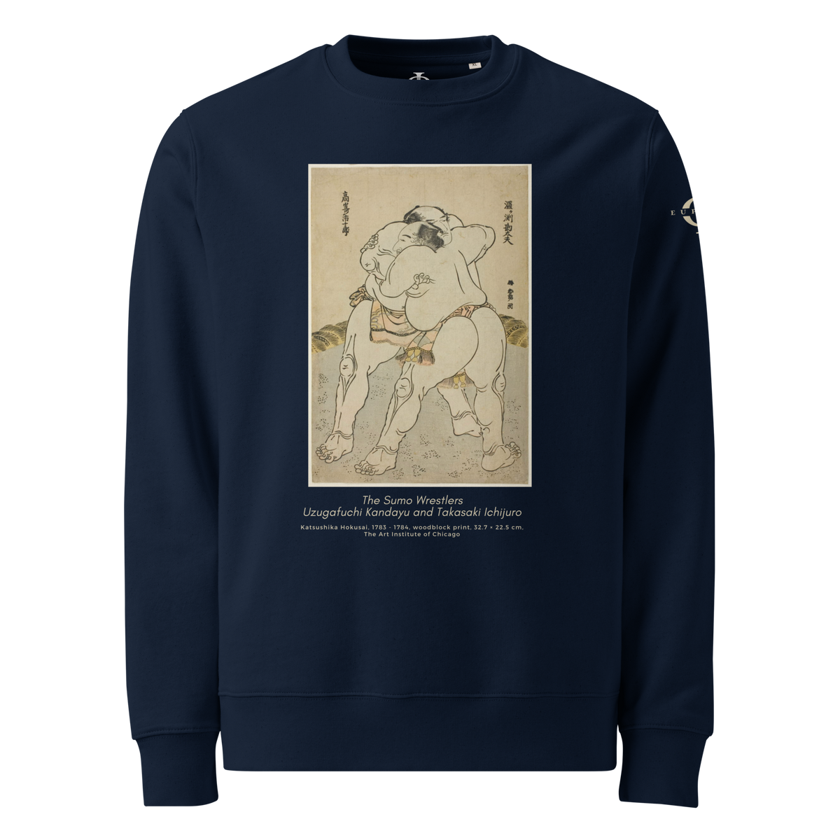 Sweatshirt Euphron « The sumo wrestlers Uzugafuchi Kandayu and Takasaki Ichijuro, Hokusai », coloris bleu marine : estampe de lutteurs de sumo par Hokusai