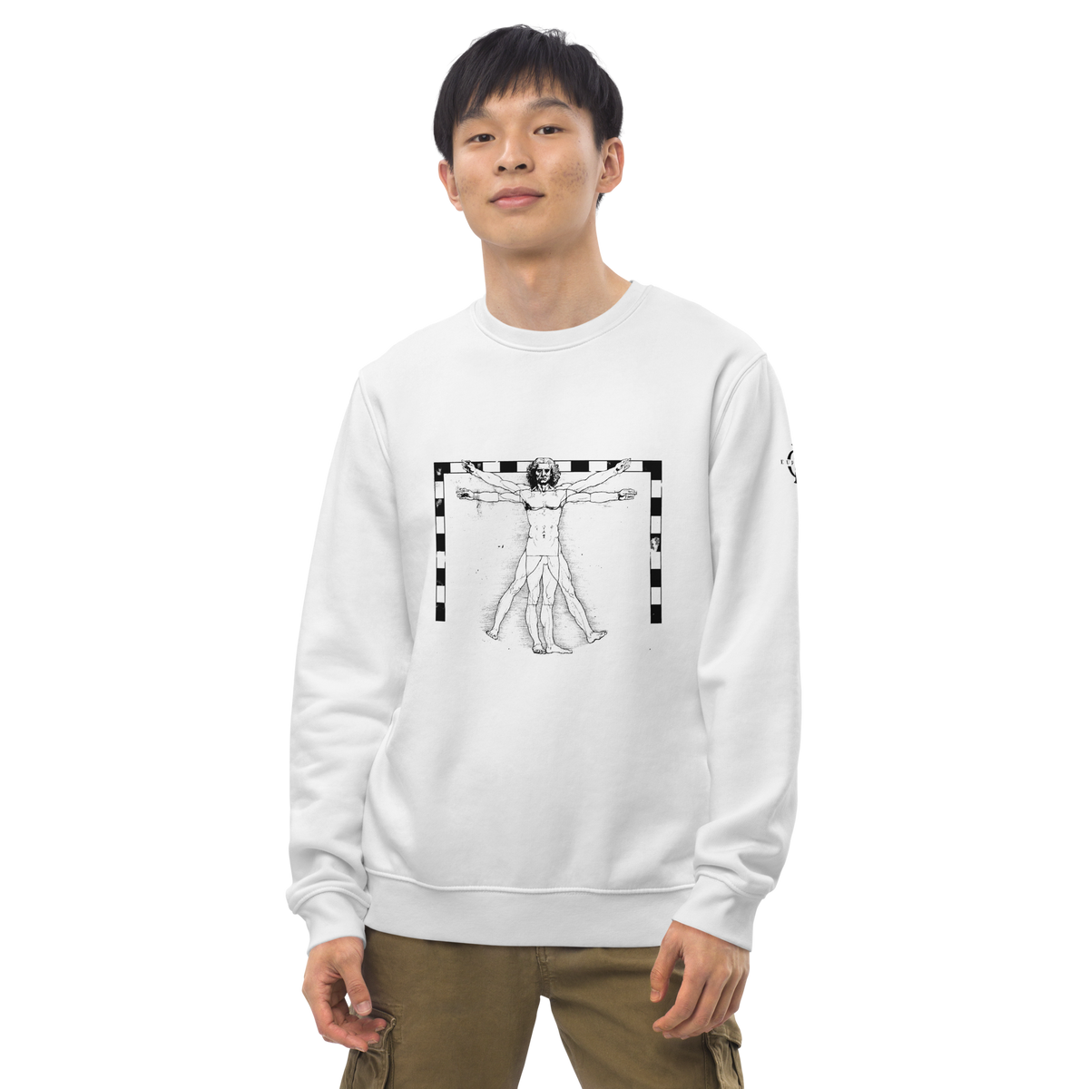 Sweatshirt Euphron « The Vitruvian Handball Goalkeeper », coloris blanc : L'Homme de Vitruve de Léonard de Vinci en gardien de handball