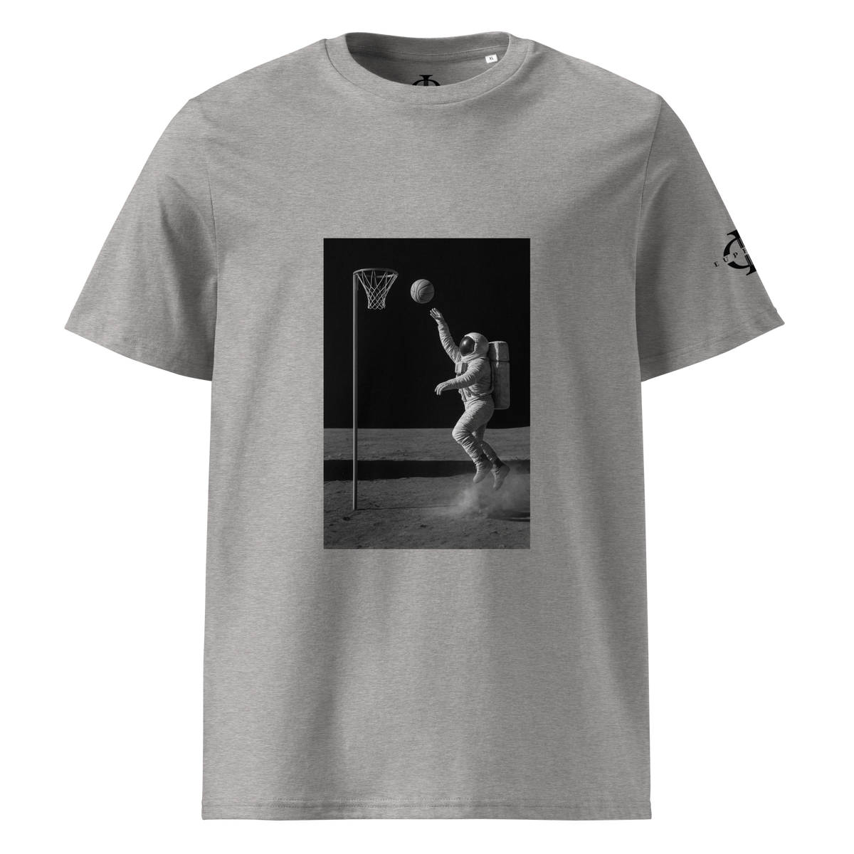T-shirt Euphron « Basketball on the Moon », coloris gris : un astronaute qui shoote au basket sur la Lune – vue de face