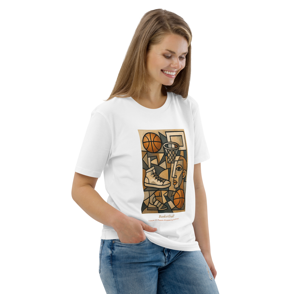 T-shirt Euphron « Basketball, Picasso style », coloris blanc : le basketball revisité façon cubisme, en hommage à Picasso – vue de trois quarts