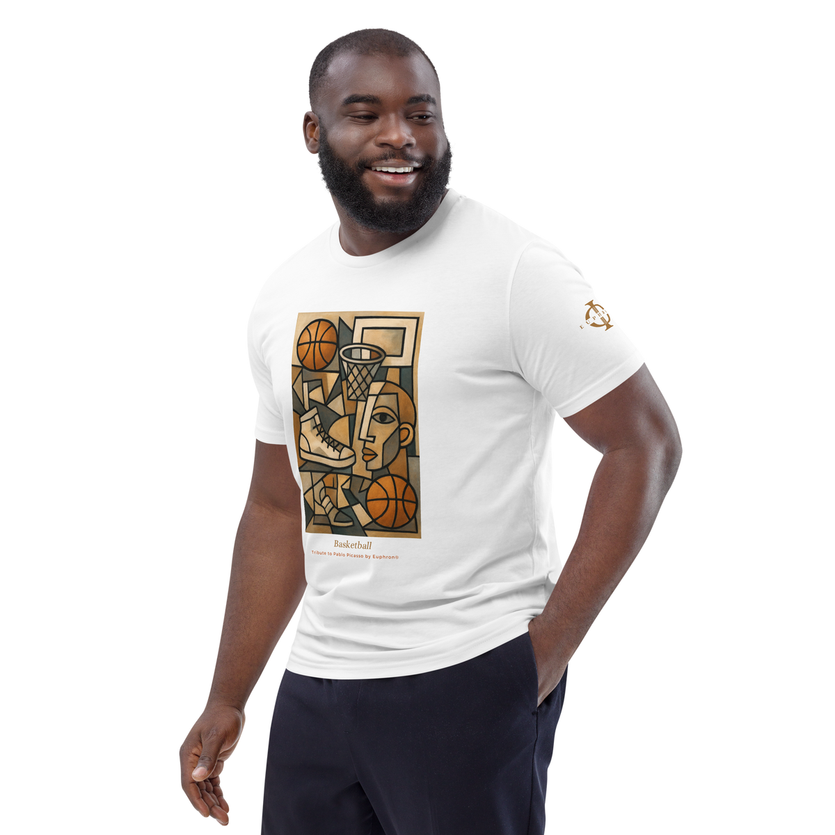 T-shirt Euphron « Basketball, Picasso style », coloris blanc : le basketball revisité façon cubisme, en hommage à Picasso – vue de trois quarts