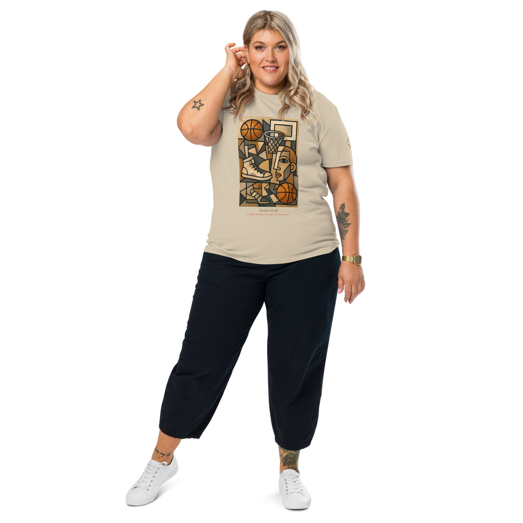 T-shirt Euphron « Basketball, Picasso style », coloris sable : le basketball revisité façon cubisme, en hommage à Picasso – vue de face