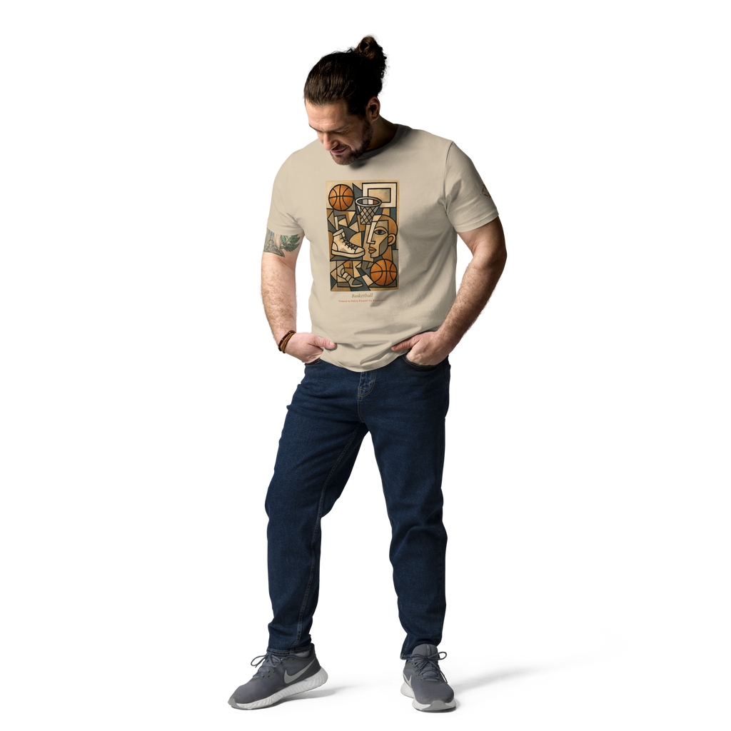 T-shirt Euphron « Basketball, Picasso style », coloris sable : le basketball revisité façon cubisme, en hommage à Picasso – vue de face