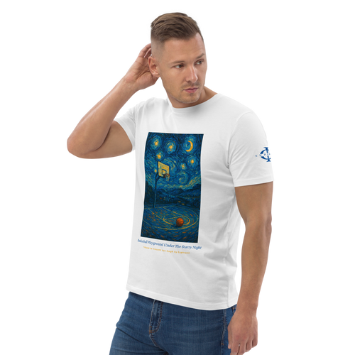 T-shirt Euphron « Basketball Playground Under The Starry Night », coloris blanc : un terrain de basket sous La Nuit étoilée de Van Gogh – vue de trois quarts