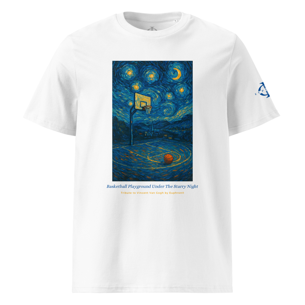 T-shirt Euphron « Basketball Playground Under The Starry Night », coloris blanc : un terrain de basket sous La Nuit étoilée de Van Gogh