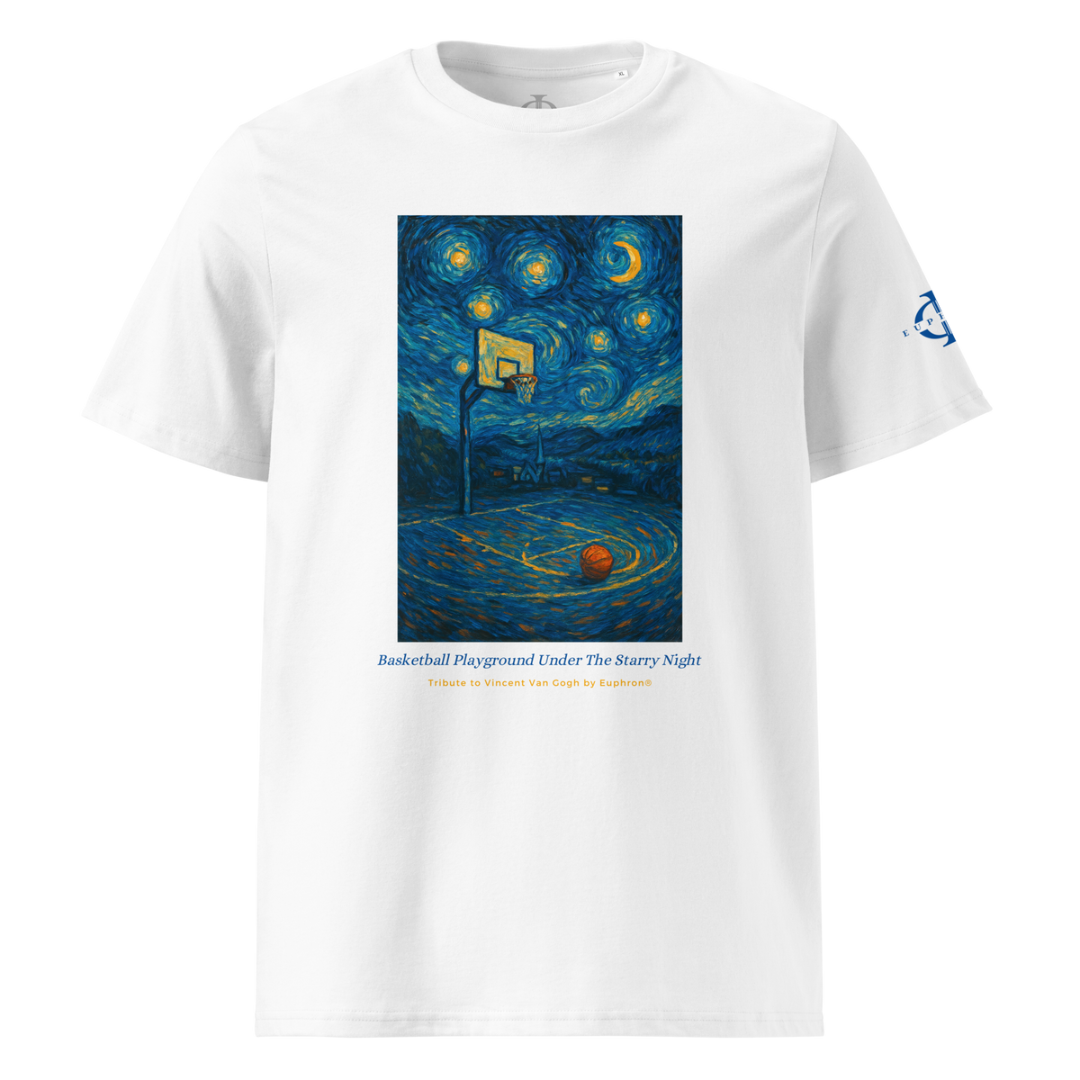 T-shirt Euphron « Basketball Playground Under The Starry Night », coloris blanc : un terrain de basket sous La Nuit étoilée de Van Gogh