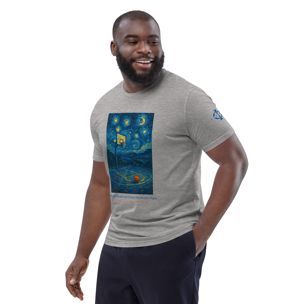 T-shirt Euphron « Basketball Playground Under The Starry Night », coloris gris : un terrain de basket sous La Nuit étoilée de Van Gogh – vue de trois quarts