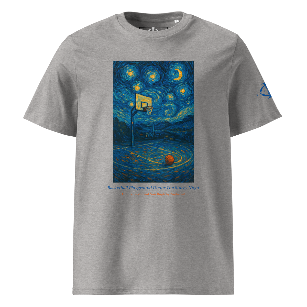 T-shirt Euphron « Basketball Playground Under The Starry Night », coloris gris : un terrain de basket sous La Nuit étoilée de Van Gogh