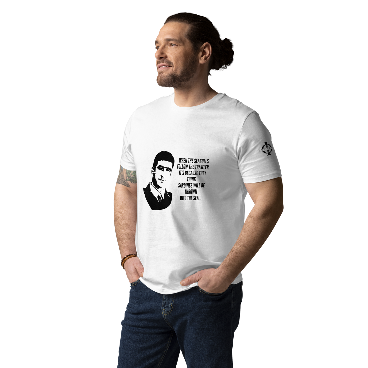 T-shirt Euphron « Cantona: "When the seagulls..." », coloris blanc : la célèbre citation d'Éric Cantona sur les mouettes et le chalutier – vue de face