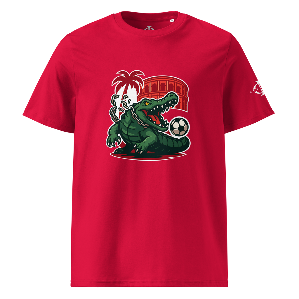 T-shirt Euphron « Crocodile Nîmois », coloris rouge : le crocodile de Nîmes revisité par Euphron – vue de face