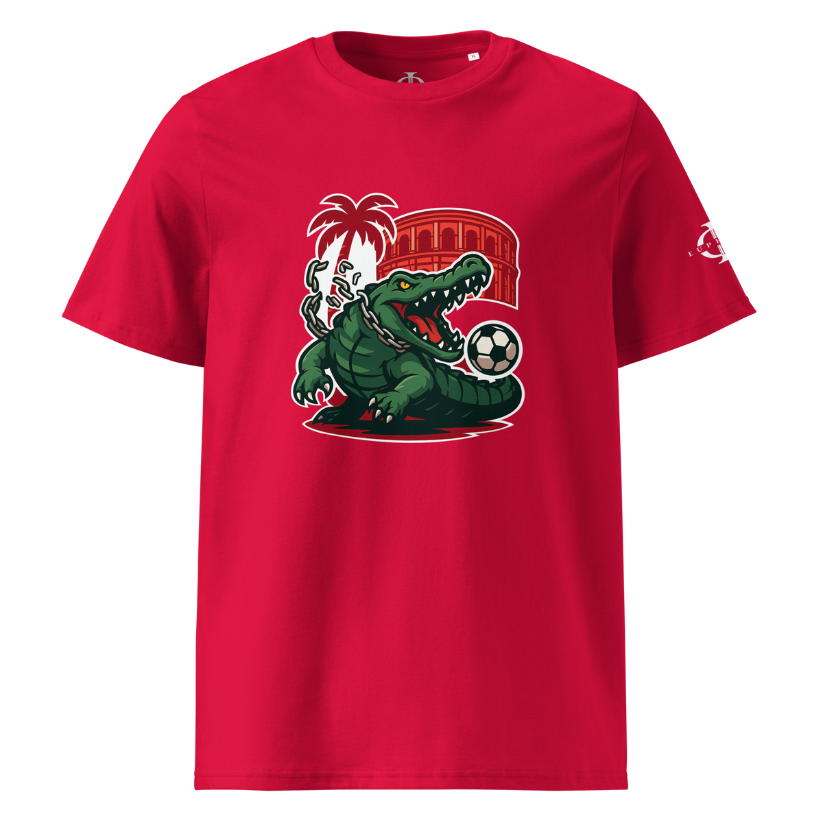 T-shirt Euphron « Crocodile Nîmois », coloris rouge : le crocodile de Nîmes revisité par Euphron – vue de face