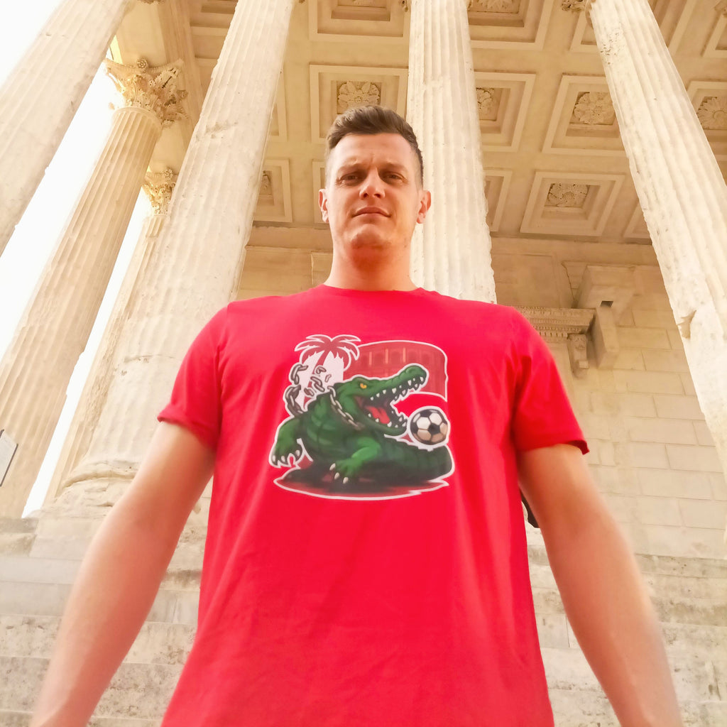 T-shirt Euphron « Crocodile Nîmois », coloris rouge : le crocodile de Nîmes revisité par Euphron