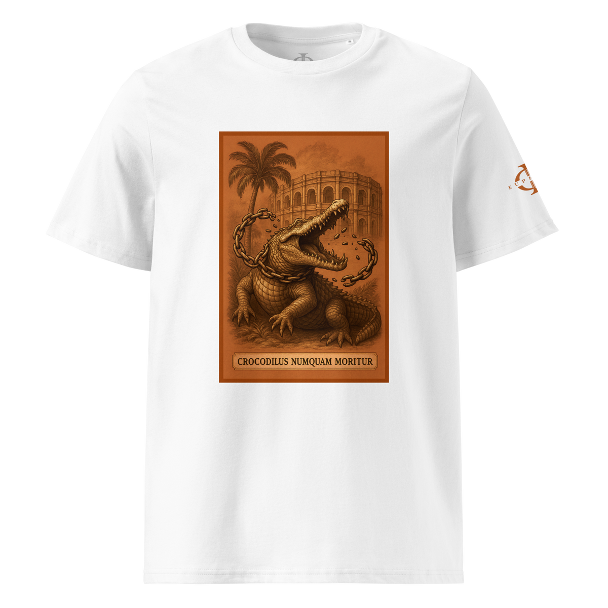 T-shirt Euphron « Crocodilus Numquam Moritur », coloris blanc : le crocodile de Nîmes et la devise Crocodilus Numquam Moritur