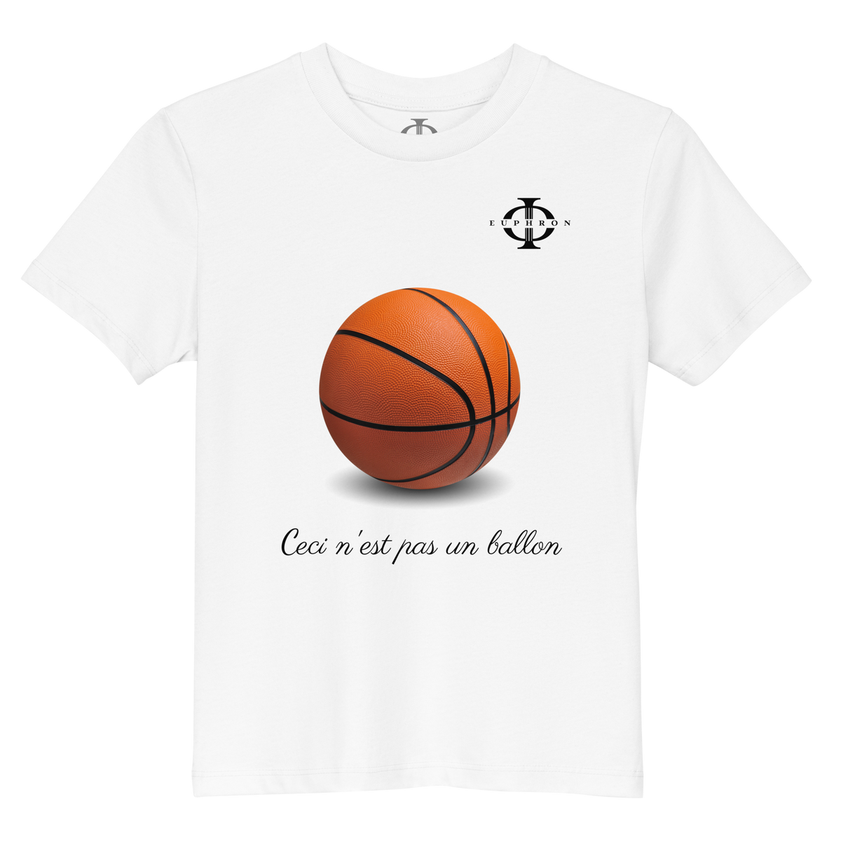 T-shirt enfant Euphron « Ceci n'est pas un ballon de basketball », coloris blanc : La Trahison des images de Magritte revisitée avec un ballon de basket – vue de face