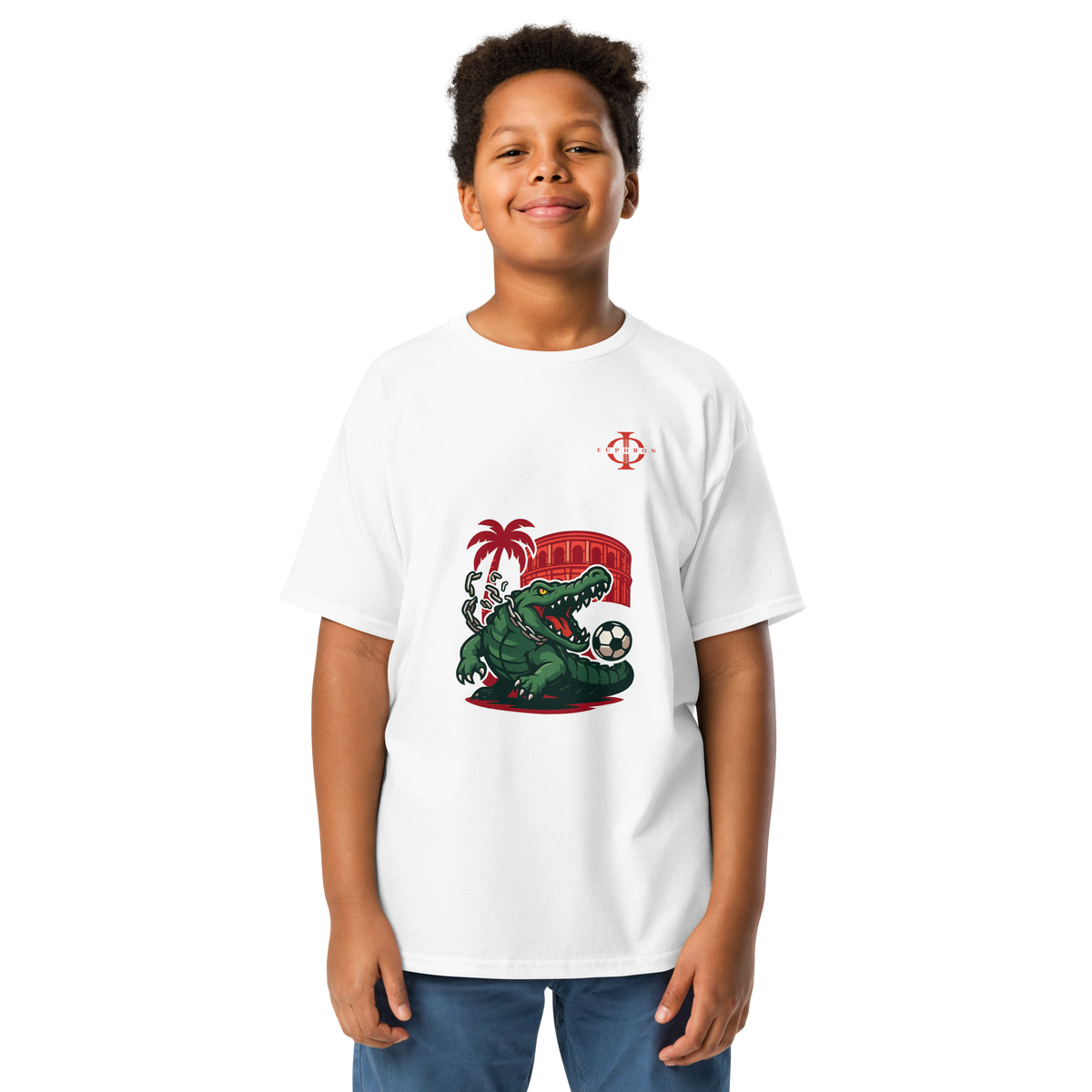 T-shirt enfant Euphron « Crocodile Nîmois », coloris blanc : le crocodile de Nîmes revisité par Euphron – vue de face