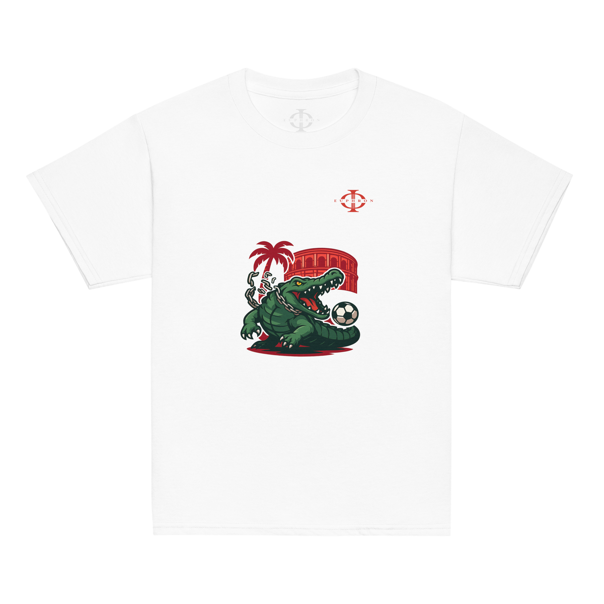 T-shirt enfant Euphron « Crocodile Nîmois », coloris blanc : le crocodile de Nîmes revisité par Euphron – vue de face